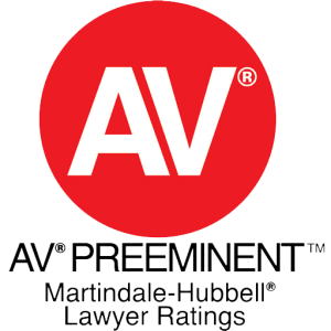 Logo of Martindale-Hubbell AV Preeminent lawyer ratings for Personal Injury, featuring a red circle with 