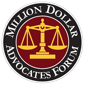 Logo of the million dollar advocates forum featuring a gold scale on a maroon and black background with gold and white text, specializing in Personal Injury.